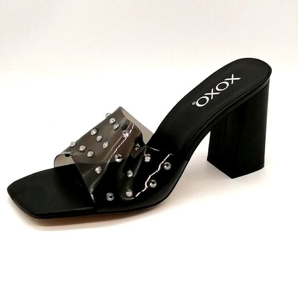 XOXO Womens Sandal Razia Black Slide Clear Studded Strap Chunky High Heel 11 - Picture 1 of 9